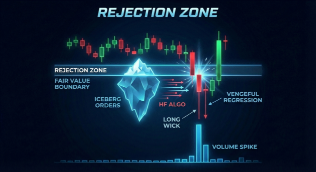 價格進入拒受區（Rejection Zone）後伴隨冰山訂單成交量激增的反轉形態-Ultima Markets